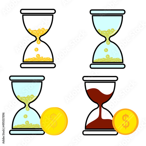 Simple Vector Set Illustration for Time is Money, Glass Hour or Sand and Golden Rupiah dan Dollar Coin photo