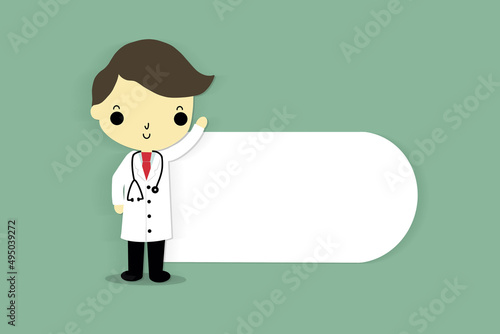 Doctor and banner on blue background.