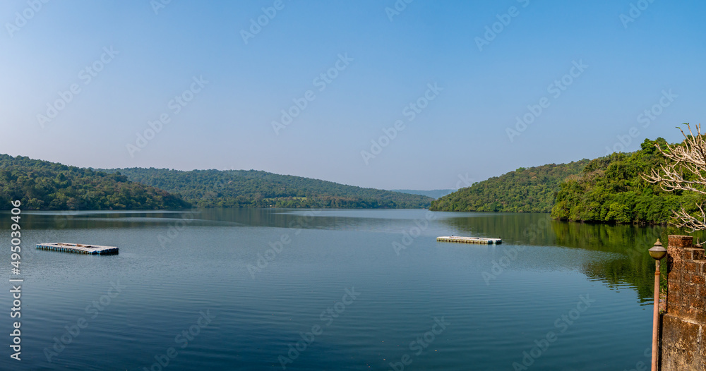 Panoramic view of Dhamapur lake with clean water and mountains Panoramic view of Dhamapur lake with clean water and mountains