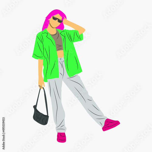 Street wear fashion model girl. Flat vector illustration isolated on white background.