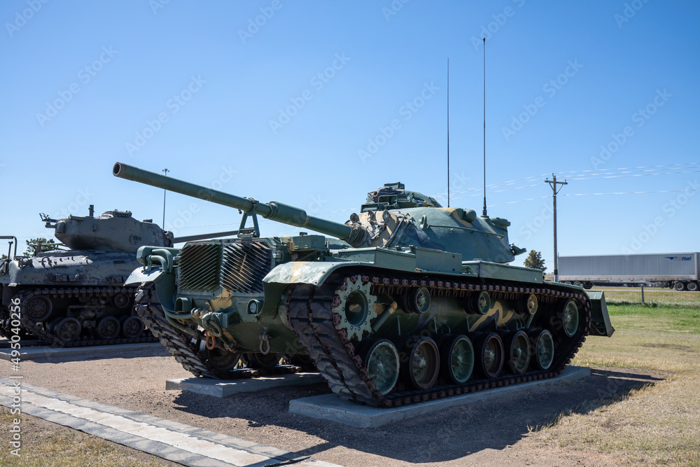 Lexington, Nebraska - April 29 2021: Army Marines military M06A1 Main Battle Tank at Heartland Museum of Military Vehicles. Lexington, Nebraska - April 29 2021: Army Marines military M06A1 Main Battle Tank at Heartland Museum of Military Vehicles.
