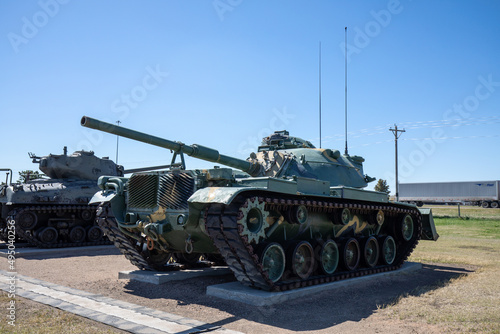 Lexington, Nebraska - April 29 2021: Army Marines military M06A1 Main Battle Tank at Heartland Museum of Military Vehicles.