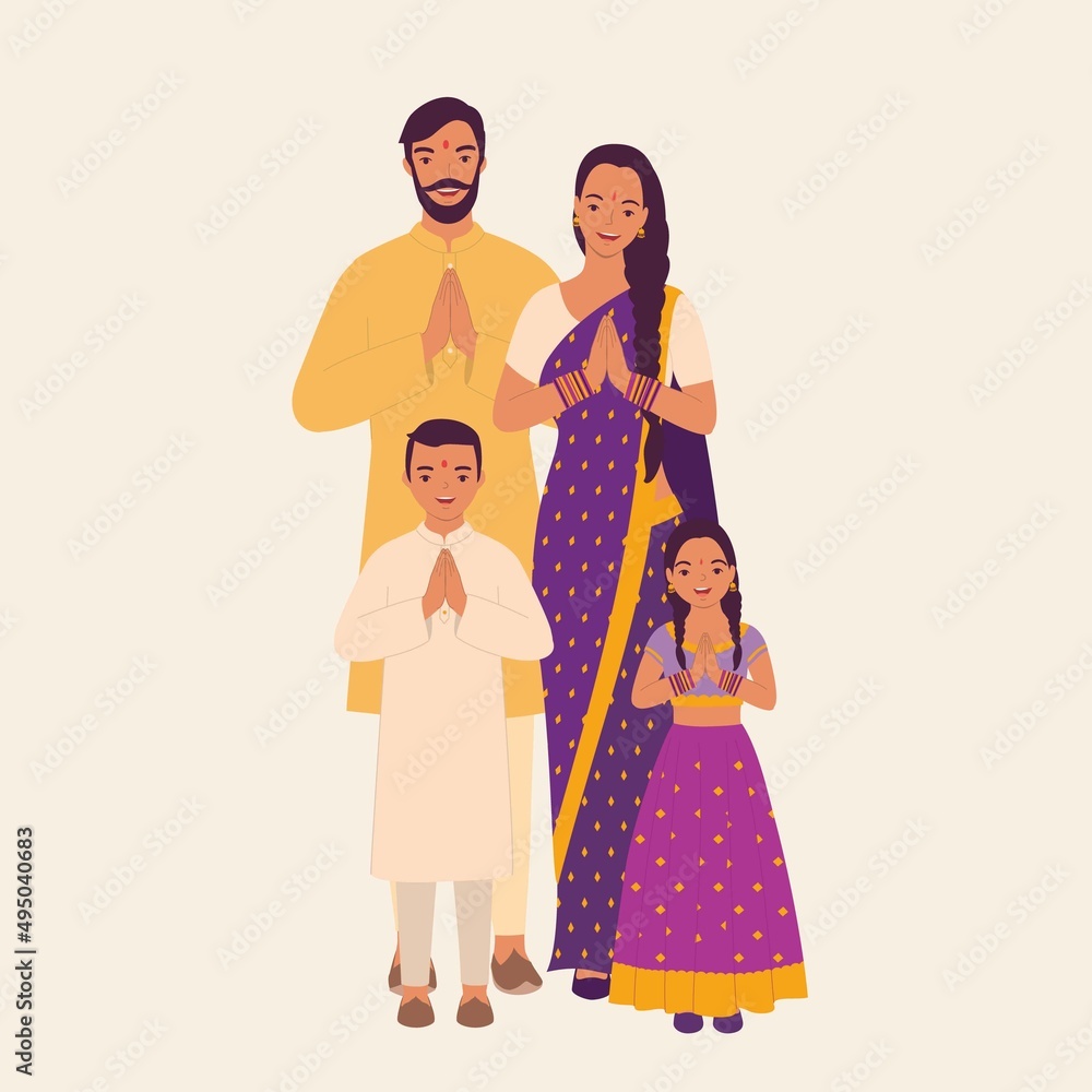 Happy Indian Family Dressed In Beautiful Traditional Clothes Greeting With  “Namaste” Pose. Deepavali. Diwali. Stock Vector | Adobe Stock