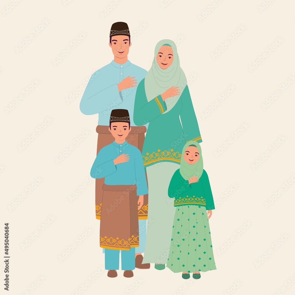 Happy Muslim Family Dressed In Beautiful Traditional Clothes Greeting With Hand On Chest Pose. Hari Raya Aidilfitri. Hari Raya Puasa.