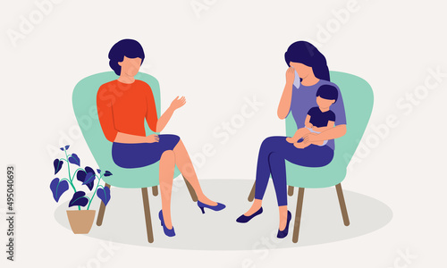 Depression Mother With Baby Crying While Sharing Her Struggles With Her Counselor Or Therapist.