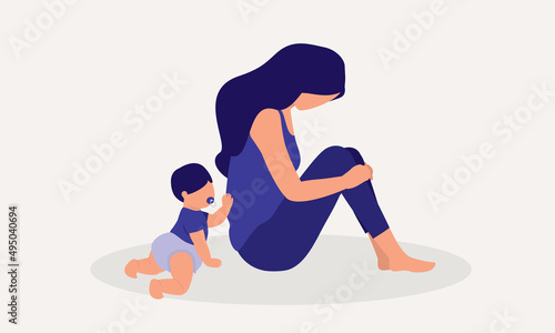 Anxiety Mother Struggle With Postpartum Depression And Neglecting Her Child.