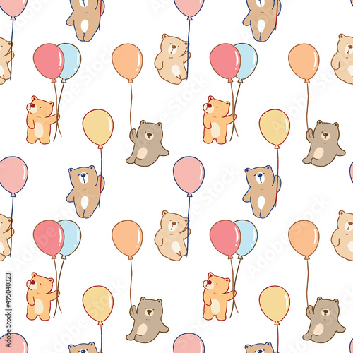Seamless Pattern with Cute Cartoon Bear and Balloon Design on White Background