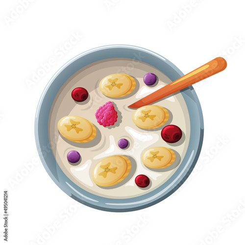 Cartoon porridge with bananas and berries.