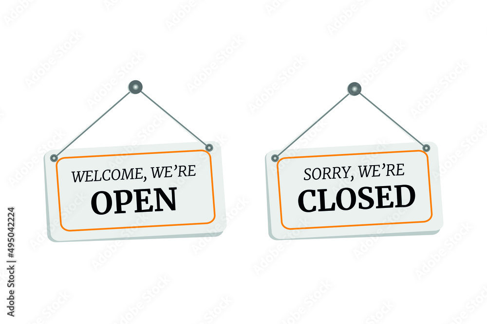 Closed and open white signboards hanged on suction cup. Rectangular shape clipboard for retail, shop, store, cafe, bar, restaurant. Announcement template with opportunity to visit on white background Closed and open white signboards hanged on suction cup. Rectangular shape clipboard for retail, shop, store, cafe, bar, restaurant. Announcement template with opportunity to visit on white background