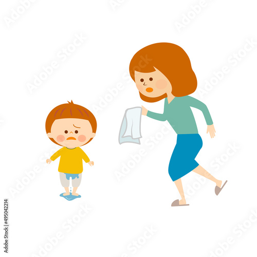 おもらし をした子供とタオルを持ち駆け寄るお母さん