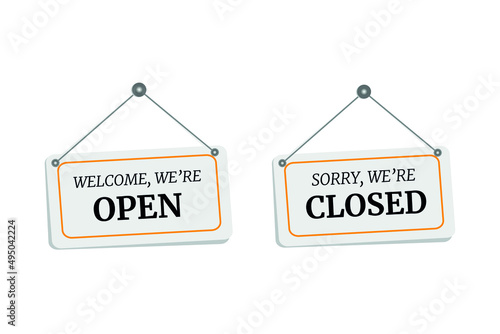 Closed and open white signboards hanged on suction cup. Rectangular shape clipboard for retail, shop, store, cafe, bar, restaurant. Announcement template with opportunity to visit on white background