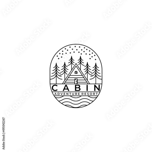 cabin pine tree star river line art vector minimalist logo illustration design