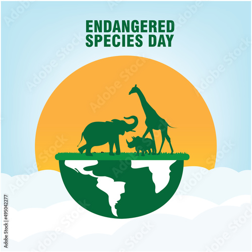 National Endangered Species Day vector with green silhouette of elephant, giraffe and rhino icon vector. Set of wild animal silhouettes. Simple and elegant design
