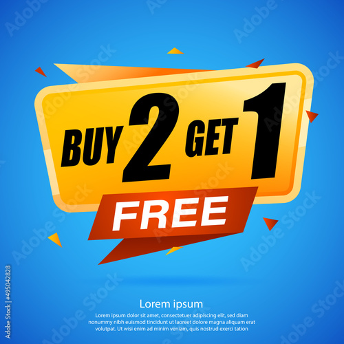 Buy 2 Get 1 Free, sale tag, banner design template, discount app icon. EPS 10.