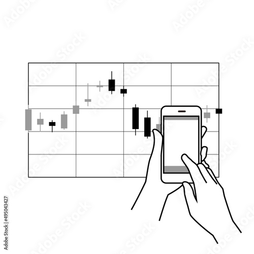 スマホを使って株式投資（FX）をするイメージイラスト（白背景・ベクター・切り抜き）