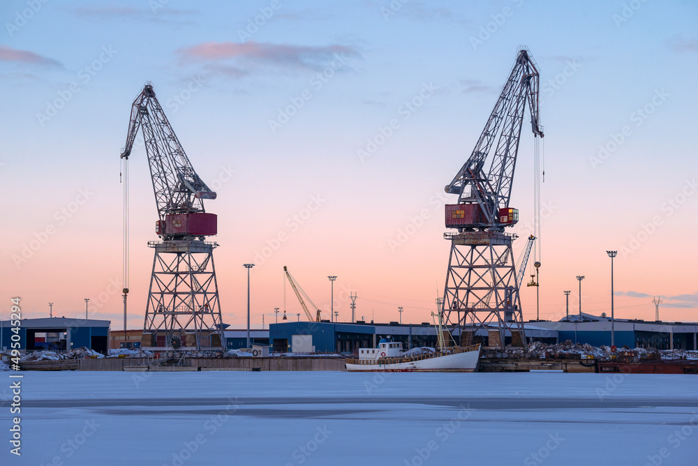 March twilight in the port of Kotka. Finland