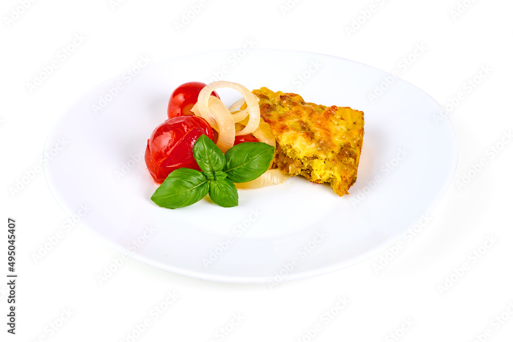 Homemade Cheesy Hashbrown Casserole with Potatoes and Cream, isolated on white background.
