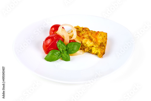 Homemade Cheesy Hashbrown Casserole with Potatoes and Cream, isolated on white background.