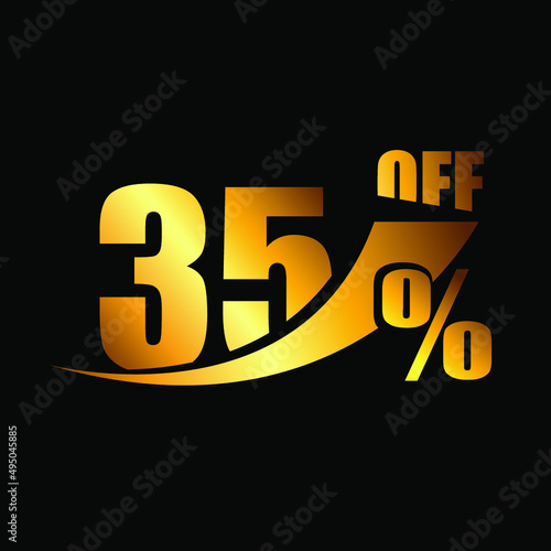 Vetor Black banner discount purchase 35% sale vector gold logo on a black background. Promotional business offer for buyers logotype. Thirty five percentage off