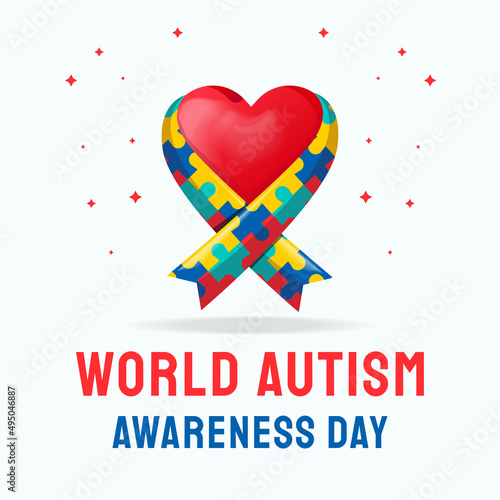 world autism awareness day illustration, with patterned puzzle pieces ribbon