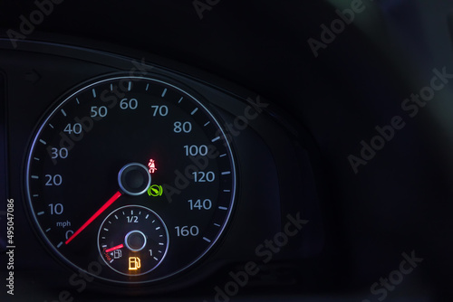 Empty fuel warning light in car dashboard. Fuel pump icon. gasoline gauge dash board in car with digital warning sign of run out of fuel turn on. Low level of fuel show on speedometer dashboard.