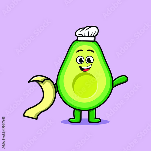 Cute cartoon avocado chef character with menu in hand