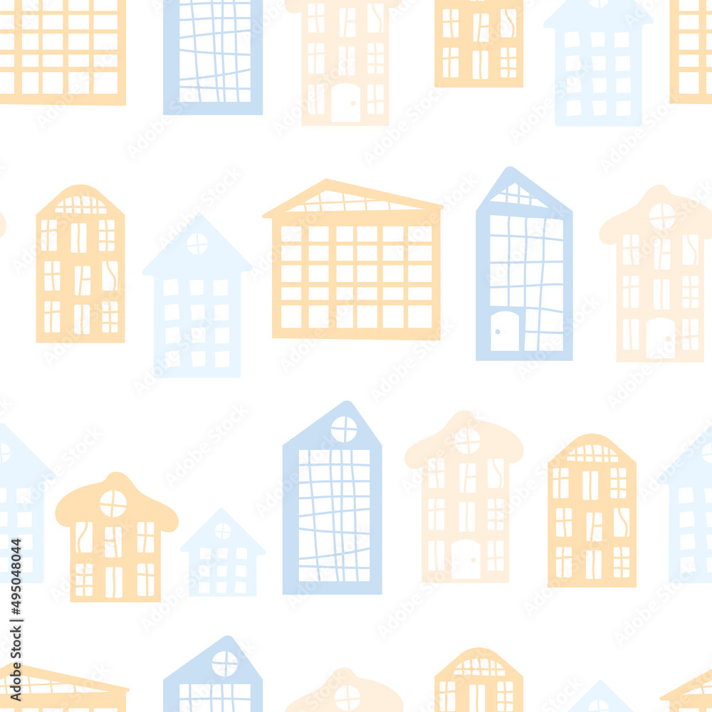 Lovely Scandinavian style childrens houses in soft pastel colors. Vector illustration, seamless pattern for nursery, wallpaper, printing on fabric, wrapping, background