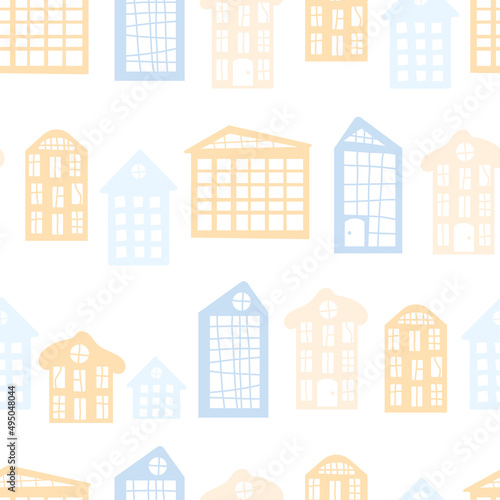 Lovely Scandinavian style childrens houses in soft pastel colors. Vector illustration, seamless pattern for nursery, wallpaper, printing on fabric, wrapping, background