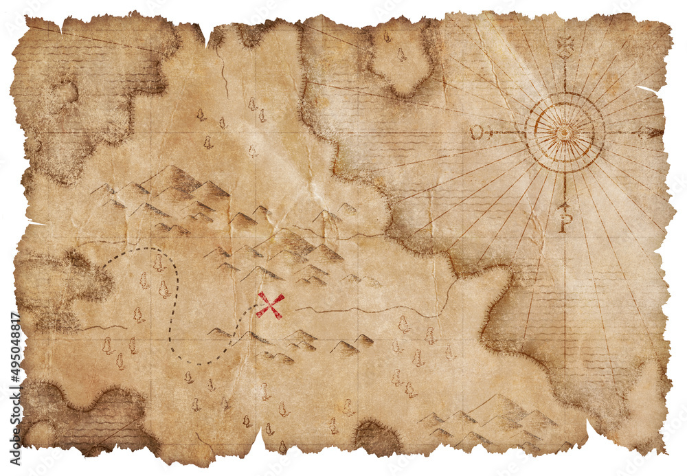 Fototapeta premium pirates map with red treasures mark isolated