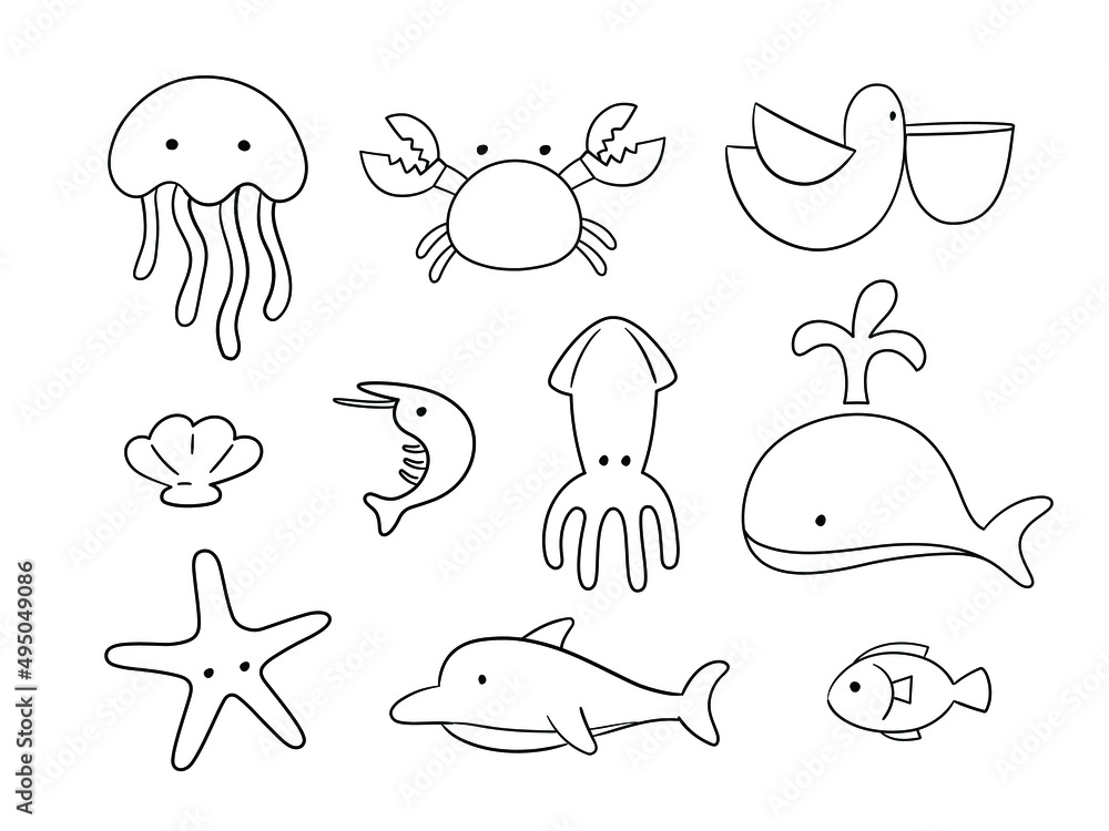 Doodle set of sea creatures on white background. Cute doodle line objects for kids that can use in commercial products and merchandise.