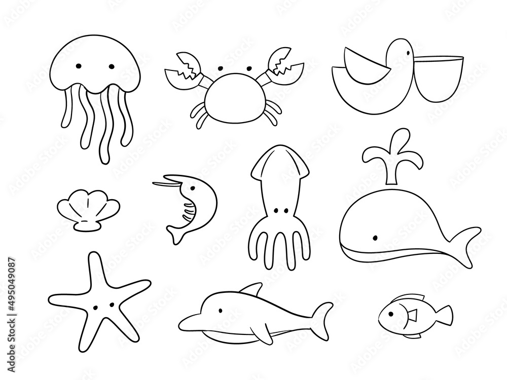 Obraz premium Doodle set of sea creatures on white background. Cute doodle line objects for kids that can use in commercial products and merchandise.