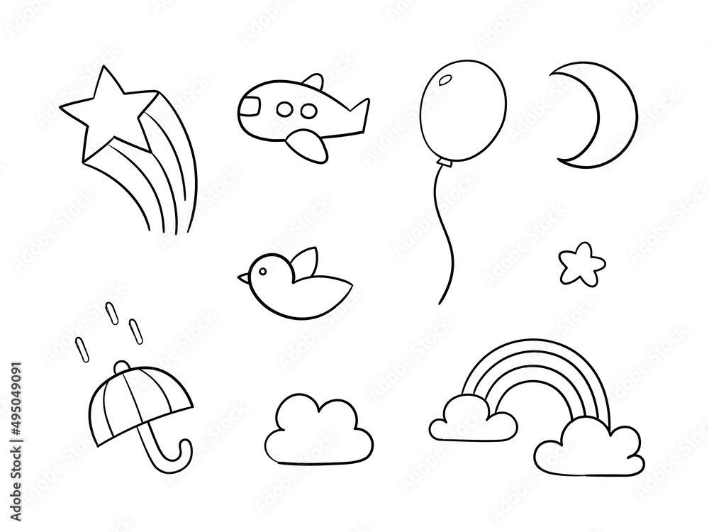 Doodle set of objects in the sky on white background. Cute doodle line objects for kids that can use in commercial products and merchandise. Story at bedtime. Doodle set of objects in the sky on white background. Cute doodle line objects for kids that can use in commercial products and merchandise. Story at bedtime.