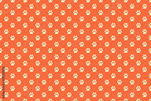 light green cream animal footprints wallpaper doodle background, cute seamless pattern, orange background