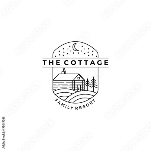 cottage pine tree garden star moon line art vector minimalist logo illustration design