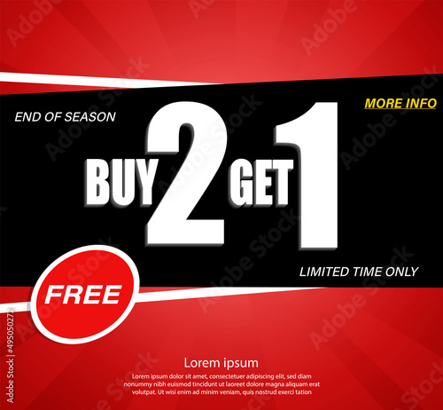 Buy 2 Get 1 Free, sale tag, banner design template, discount app icon. EPS 10.