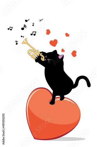 Black cat play on trumpet on heart