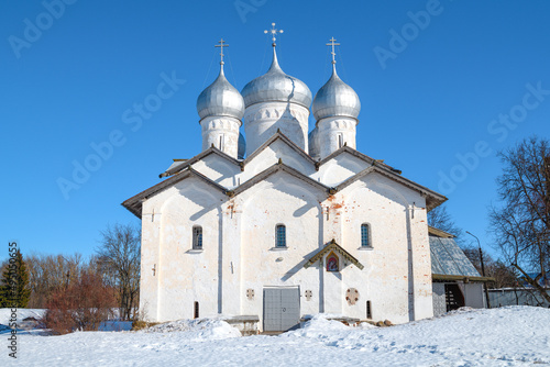 Fototapeta Naklejka Na Ścianę i Meble -  Church of Boris and Gleb in Plotniki (1536) on a sunny March day. Veliky Novgorod, Russia