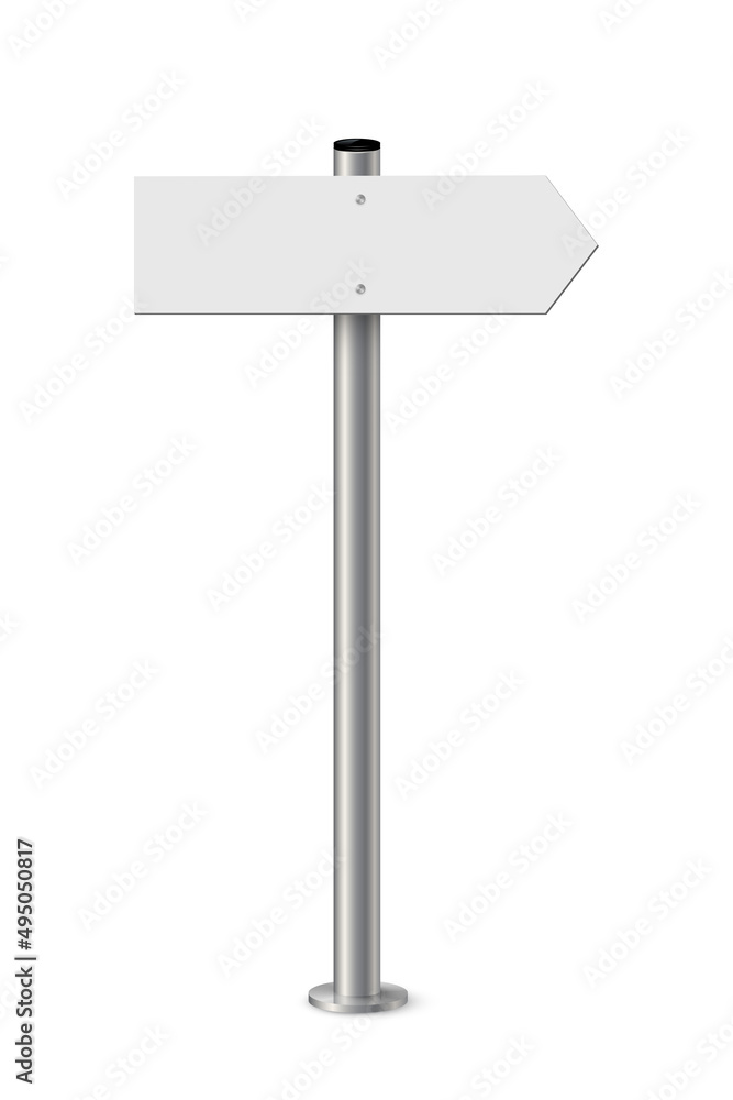 Signpost with blank direction sign on road. Metal pole with white arrow board vector illustration. Retro steel street post isolated on white background. Simple empty crossroad banner Signpost with blank direction sign on road. Metal pole with white arrow board vector illustration. Retro steel street post isolated on white background. Simple empty crossroad banner