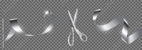 Metal scissors cut silver ribbon realistic illustration. Grand opening ceremony symbols, 3d accessories on transparent background. Traditional ritual before launching new business, campaign
