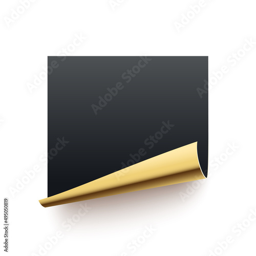 Black paper sticker vector illustration. Realistic 3d curl page with golden rolled corner of square shape, decoration element with shadow isolated on white background.