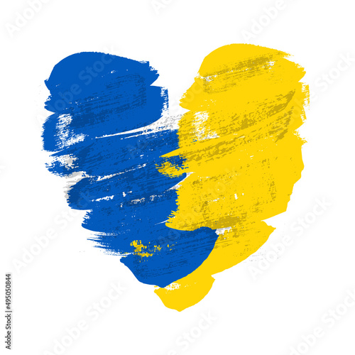 Blue and yellow Ukraine flag color brush strokes in heart shape vector illustration isolated on white background.
