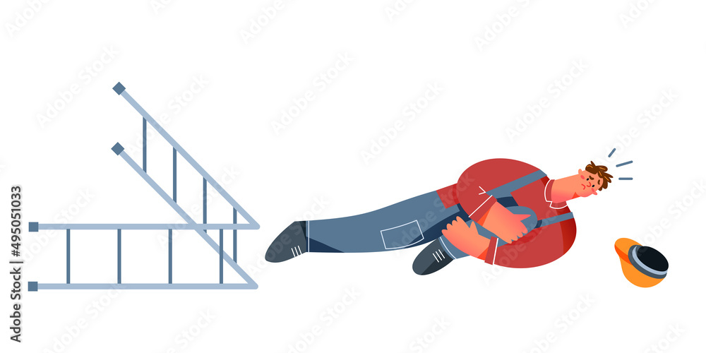 Warehouse dangerous accident with man, emergency at storage workplace  vector illustration. Cartoon worker lying on floor with injured leg near  stepladder isolated on white background. Stock Vector | Adobe Stock