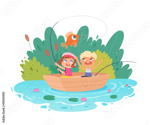Lucky children caught fish with fishing rod, cute kids sitting in boat, floating in river