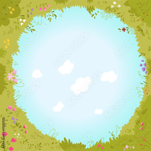 Green grass summer meadow and blue sky with cloud in center, circular fish eye view