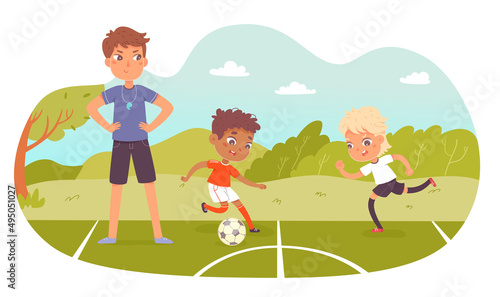Soccer sport summer camp, active children run with ball, cute kids play football game