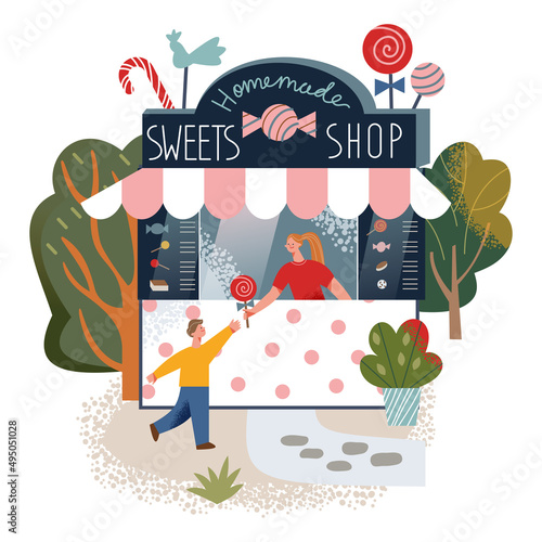Candy shop with sweet menu, girl shopkeeper selling lollipop on stick to cute boy