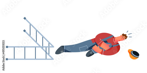 Warehouse dangerous accident with man, emergency at storage workplace vector illustration. Cartoon worker lying on floor with injured leg near stepladder isolated on white background.