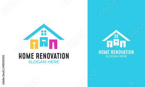Renovation logo design with home concept and handyman tools icon