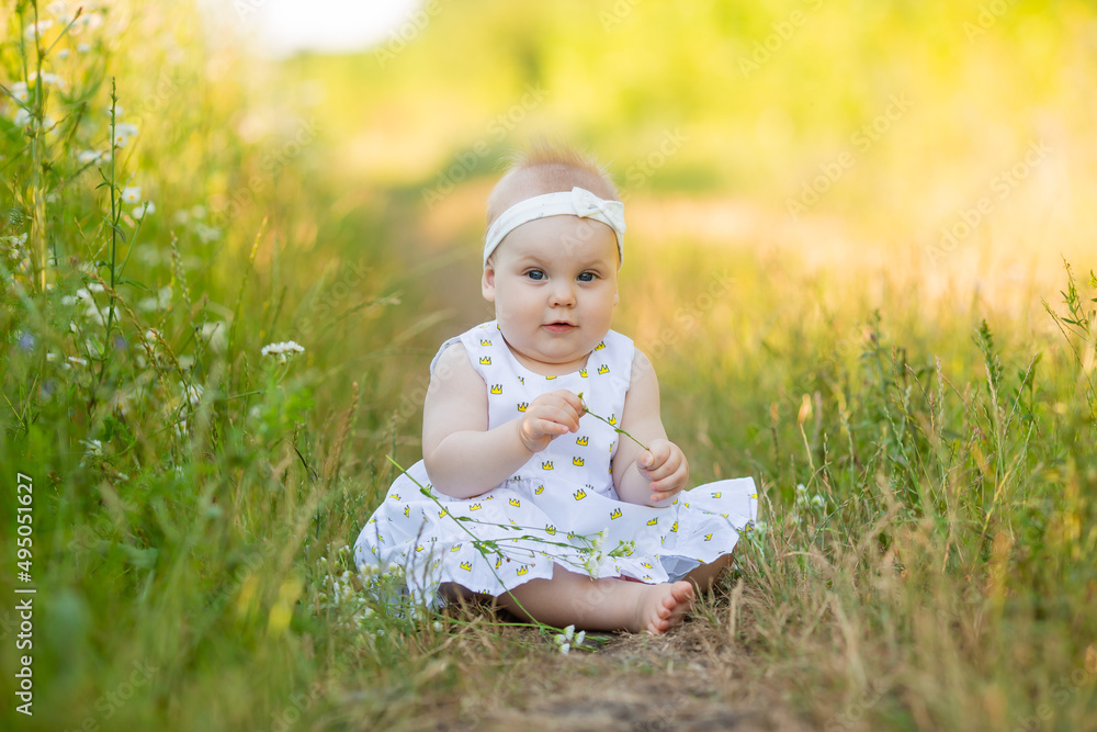 charming little girl in a white dress is sitting on a flower meadow. child playing outdoors charming little girl in a white dress is sitting on a flower meadow. child playing outdoors