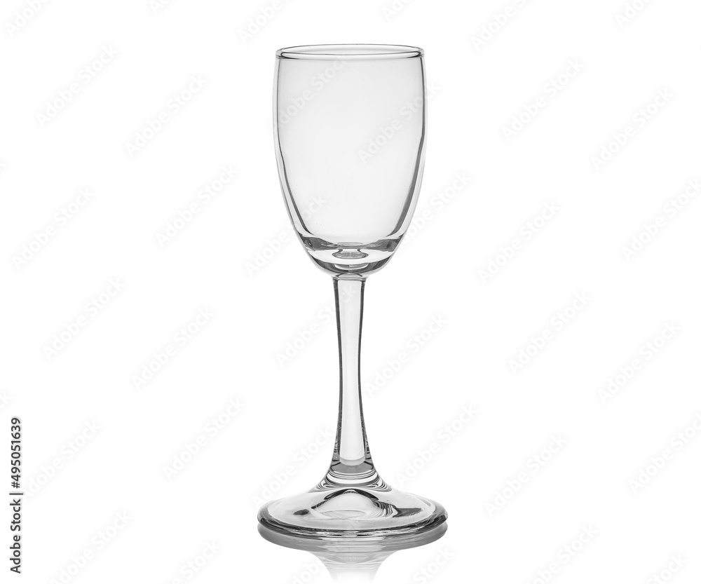 Empty transparent glass cup, shot glass, glass for wine, whiskey, cognac, martini, beer, juice and other drinks, isolated on white background. Dishes for bar, restaurant, pub.